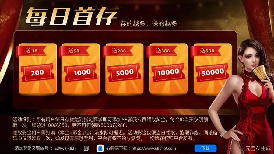 《KF6棋牌》每日首存赠送活动；最高赠送688